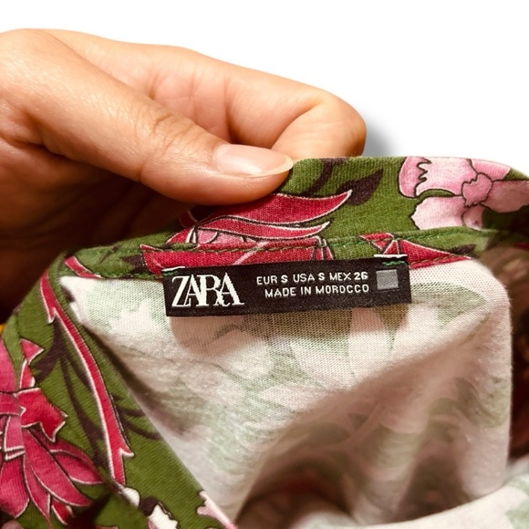 Zara Green Pink Floral Puff Sleeve Stretch Top – Size Small - Picture 8 of 8